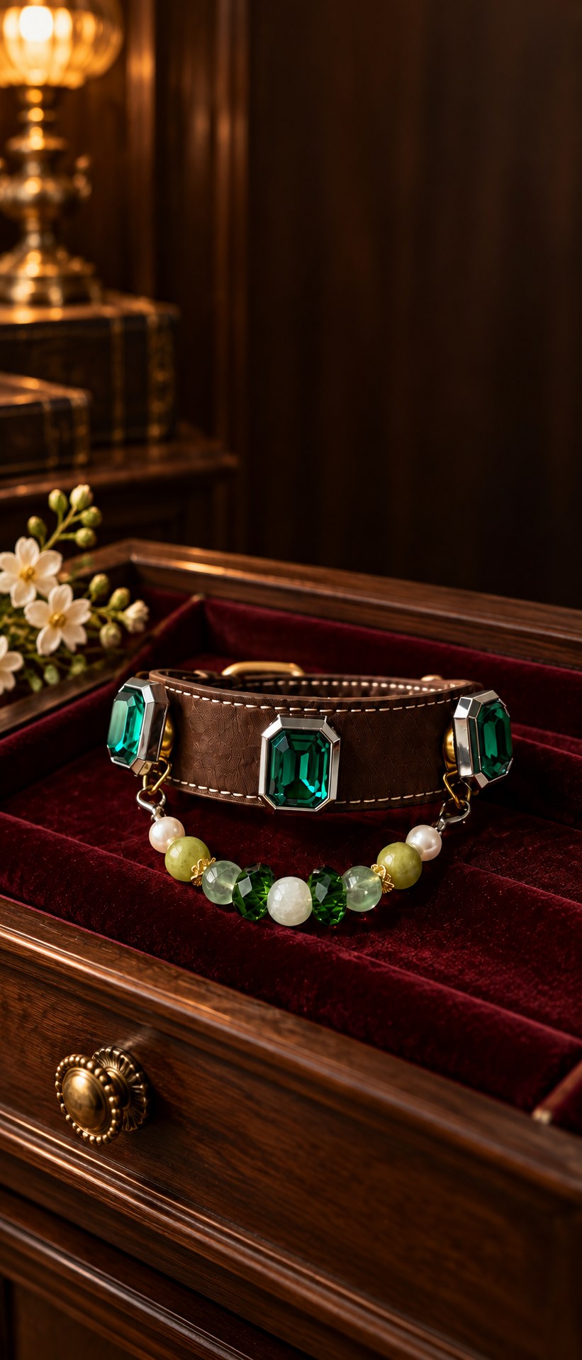 Emerald collar in a private jeweller display