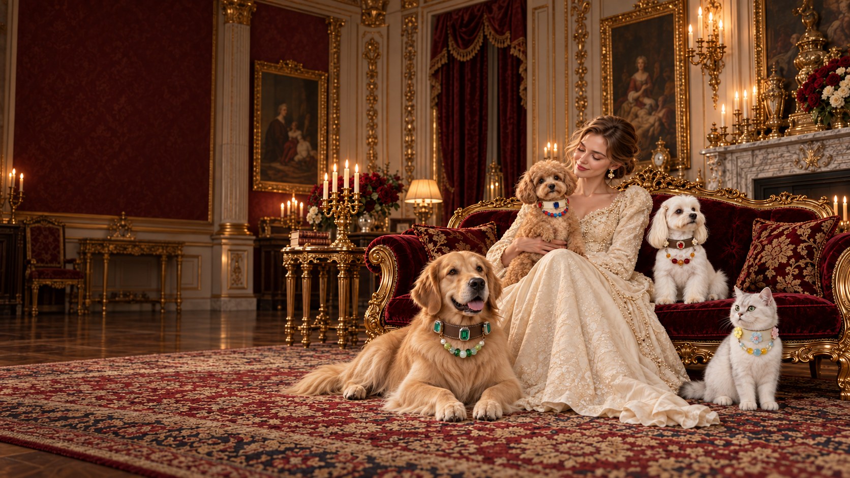 A model with four pets wearing signature collars in a wide noble palace salon