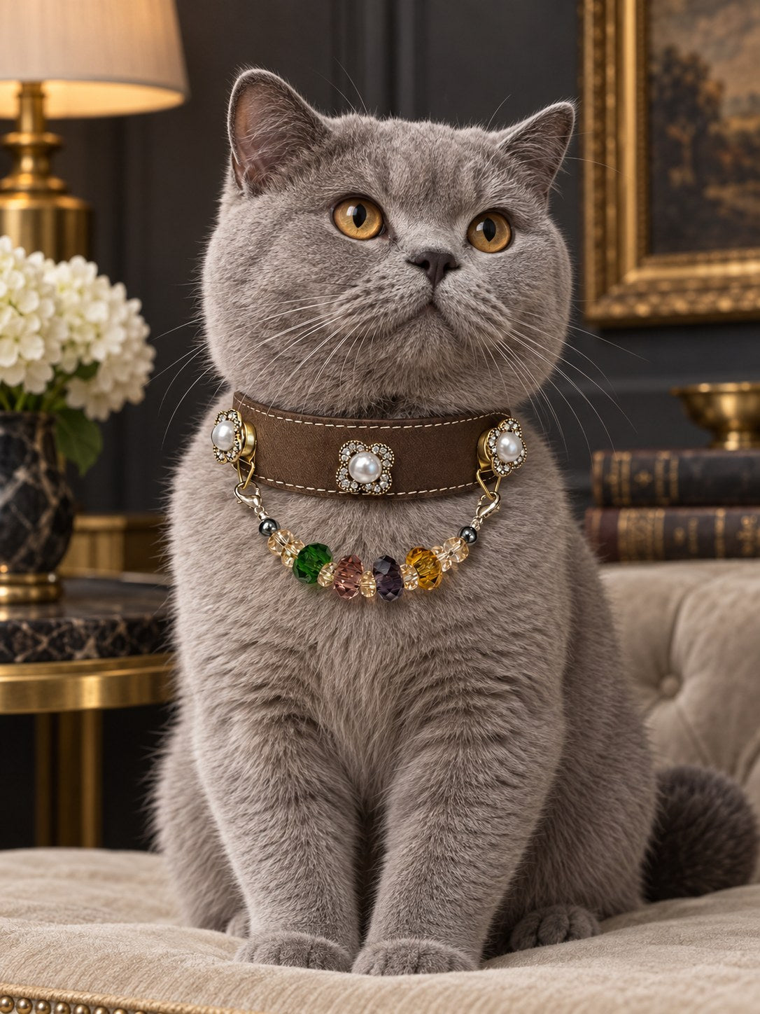 Companion wearing the Smoky Pearl collar