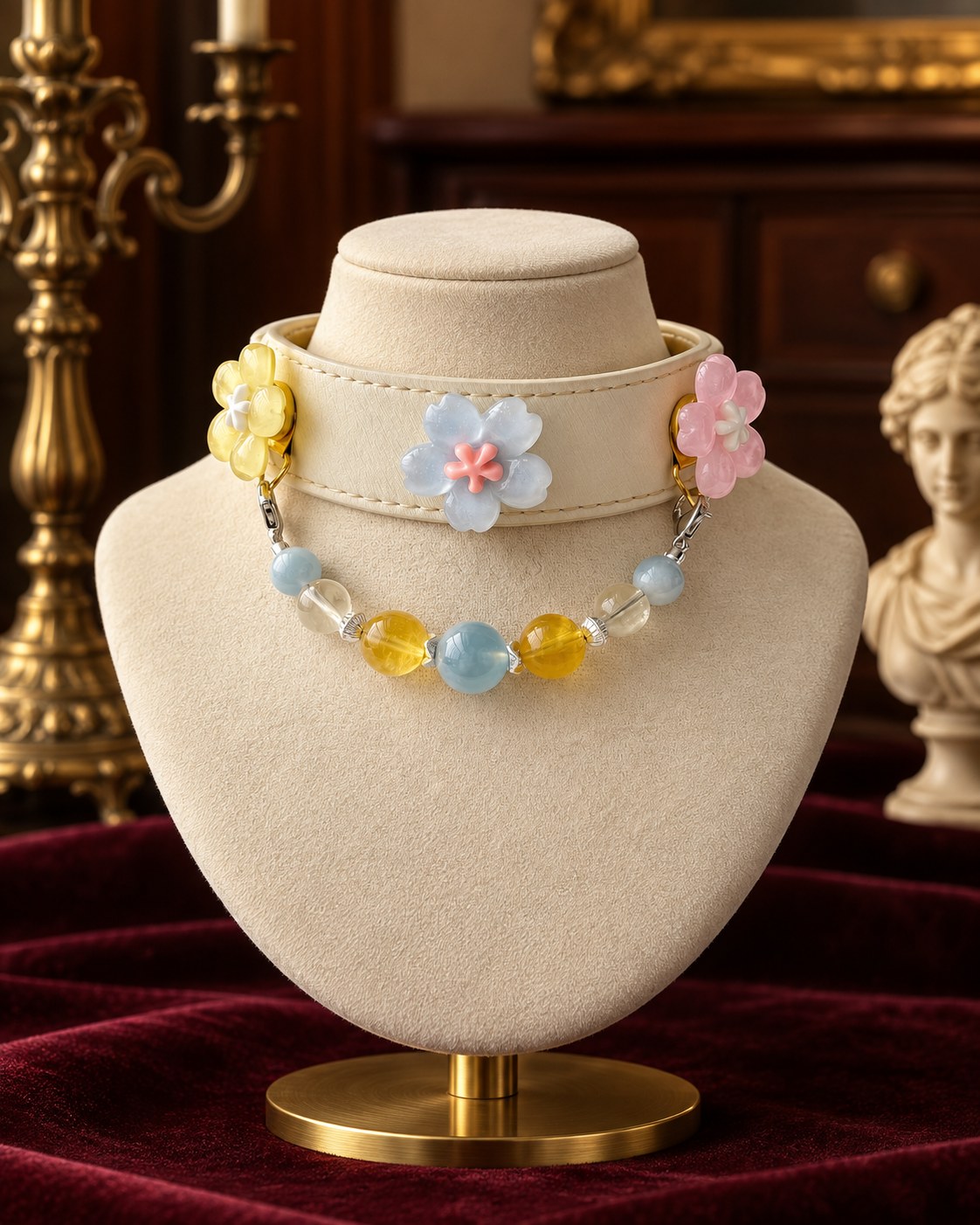 Fleur Pastel collar presented in a jewellery cabinet