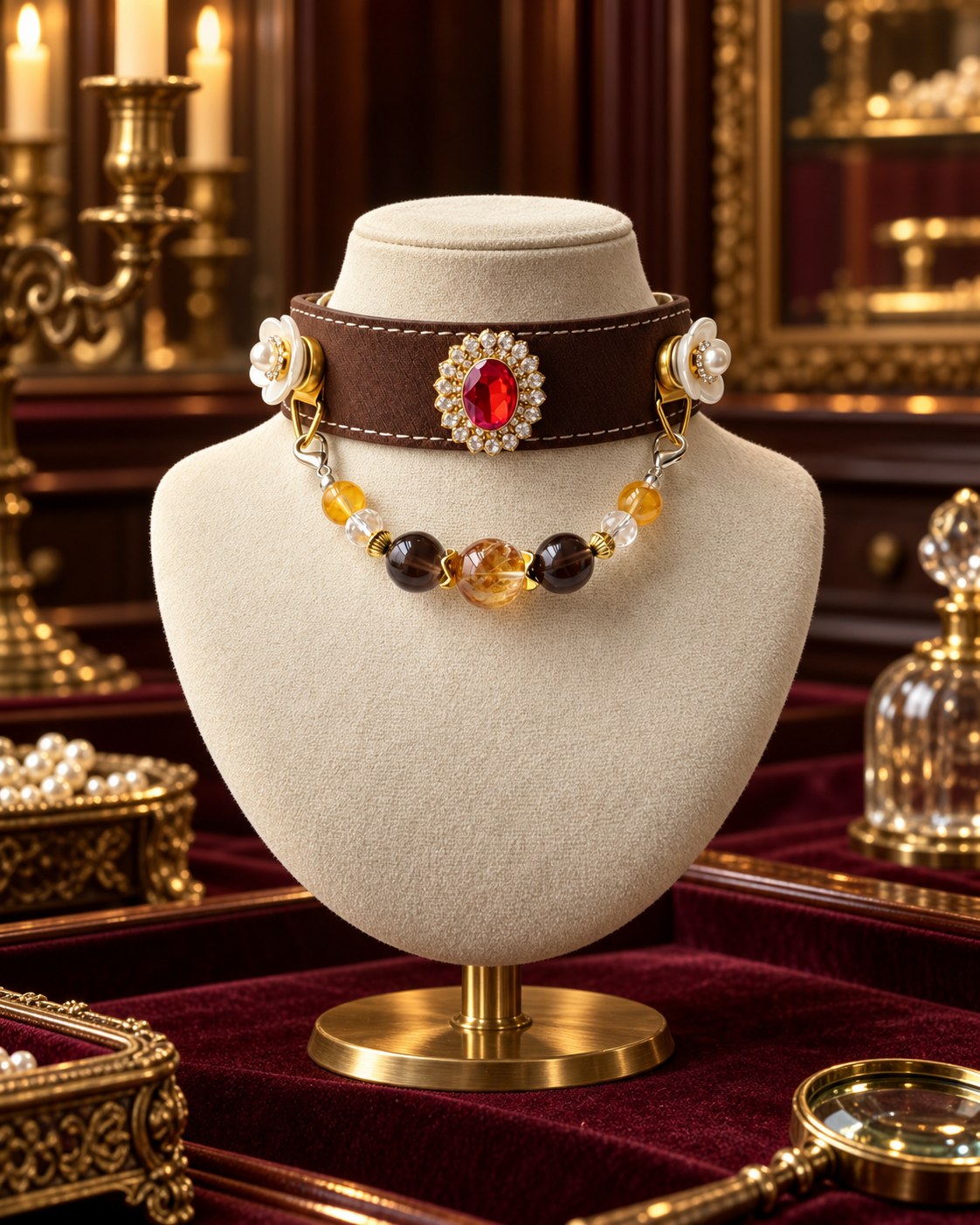 Garnet Pearl collar presented in a jewellery cabinet