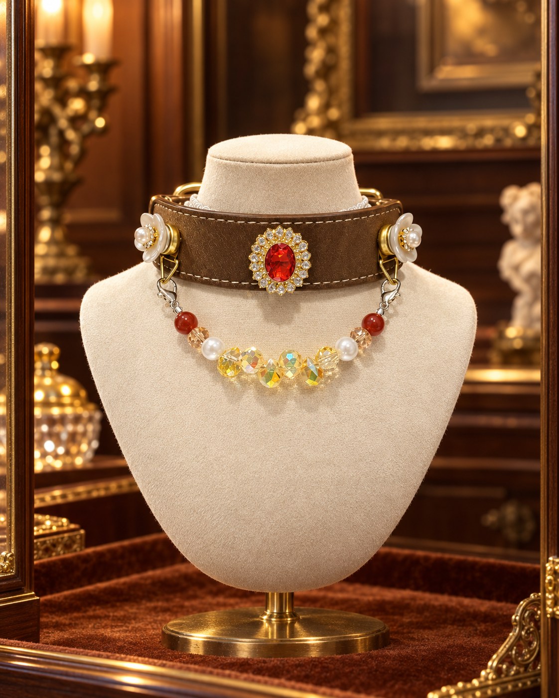 Honey Garnet collar presented in a jewellery cabinet