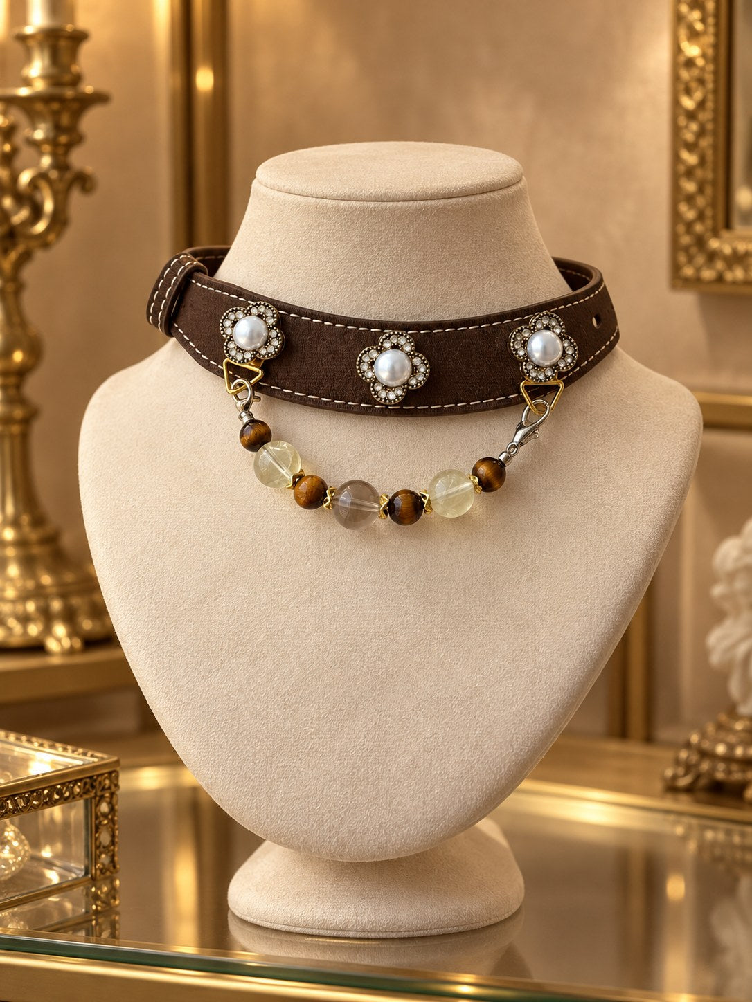 Pearl Line collar presented in a jewellery cabinet