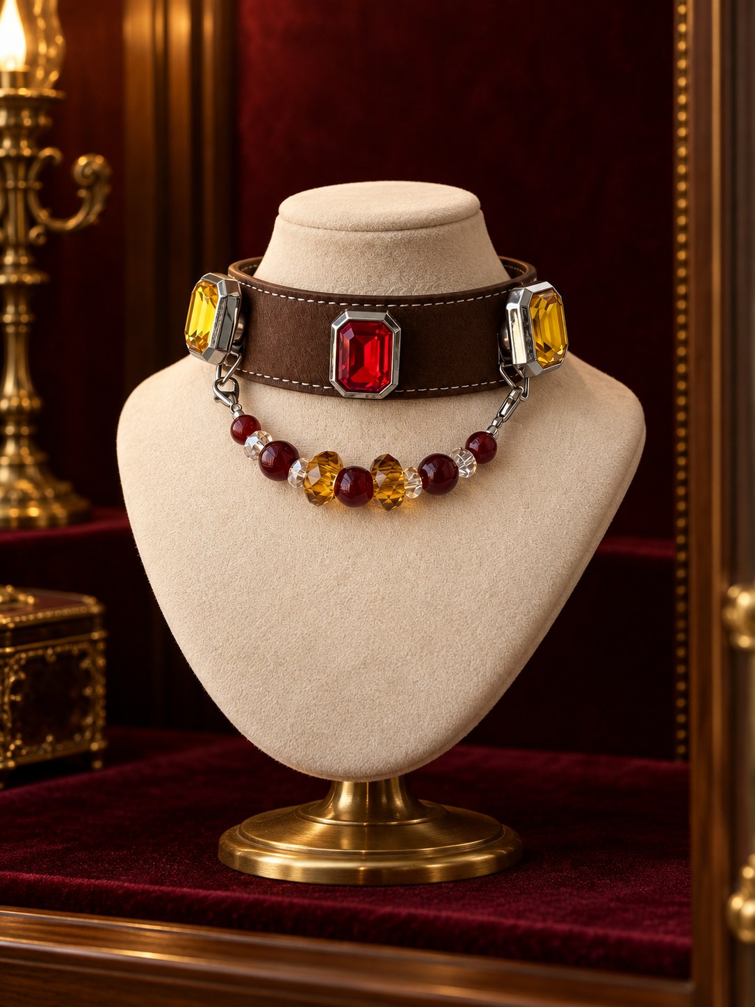 Garnet collar presented in a jewellery cabinet