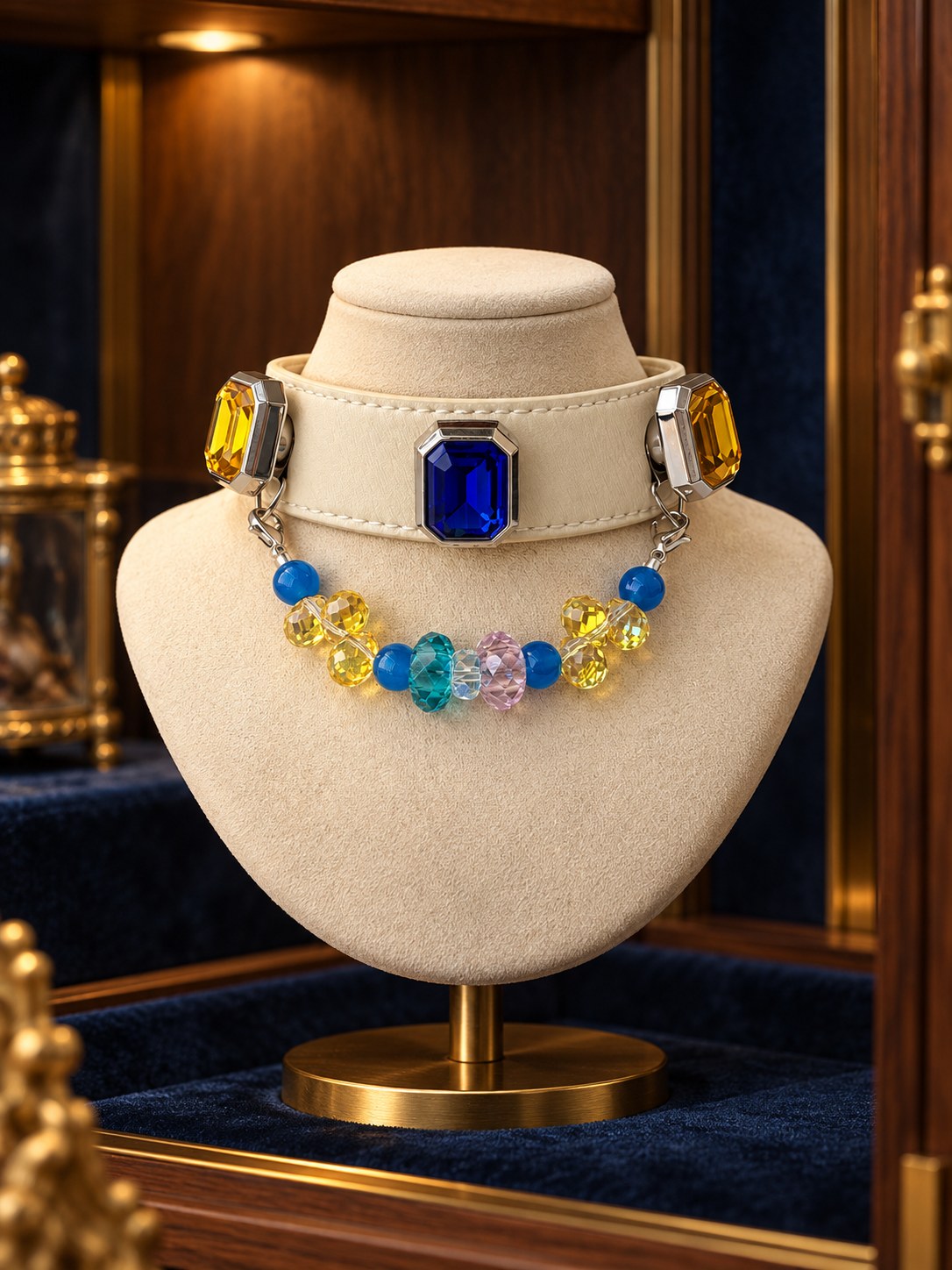 Sapphire Sky collar presented in a jewellery cabinet