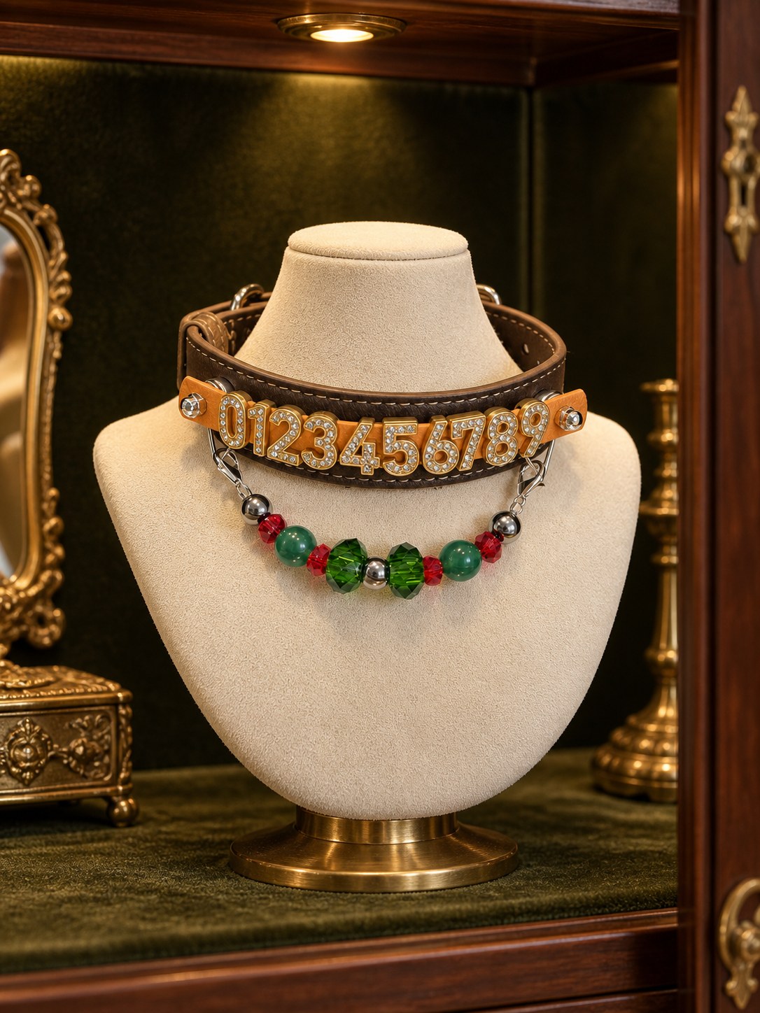 Numberpiece collar presented in a jewellery cabinet