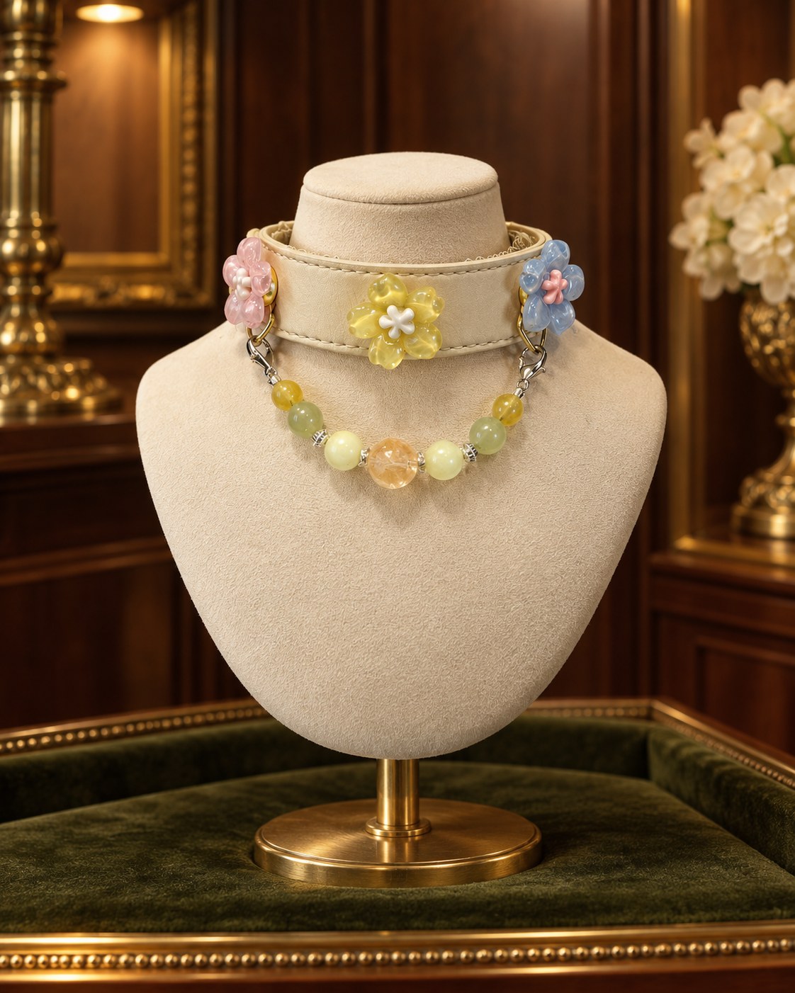 Fleur Meadow collar presented in a jewellery cabinet