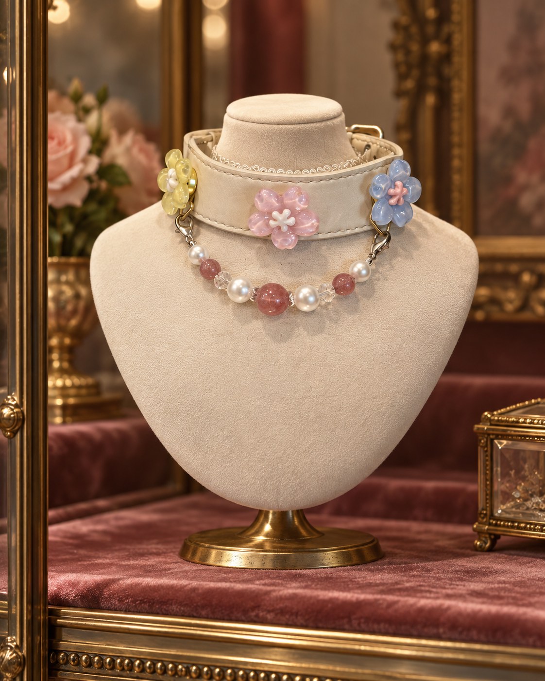 Fleur Rosée collar presented in a jewellery cabinet