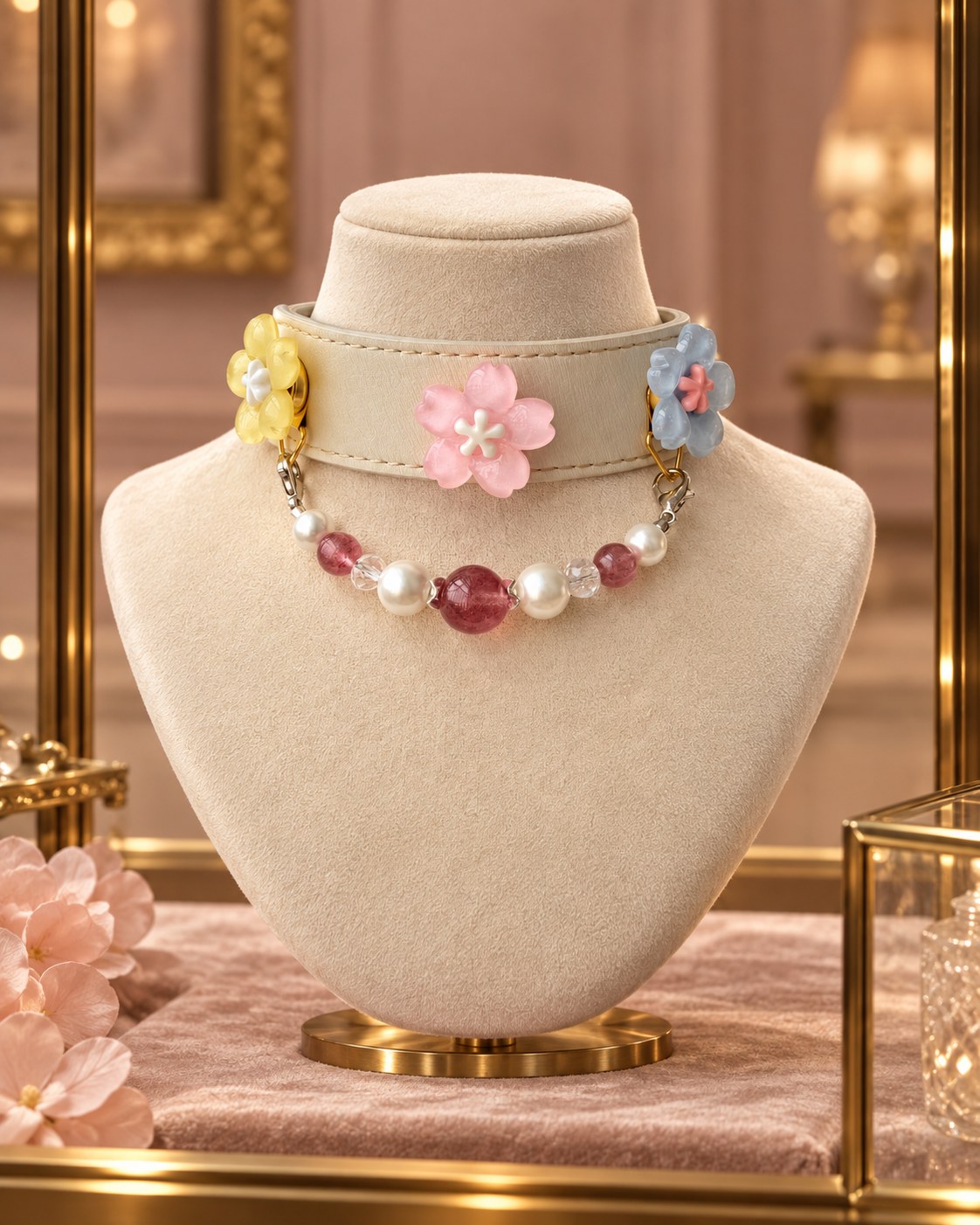 Fleur Rose collar presented in a jewellery cabinet