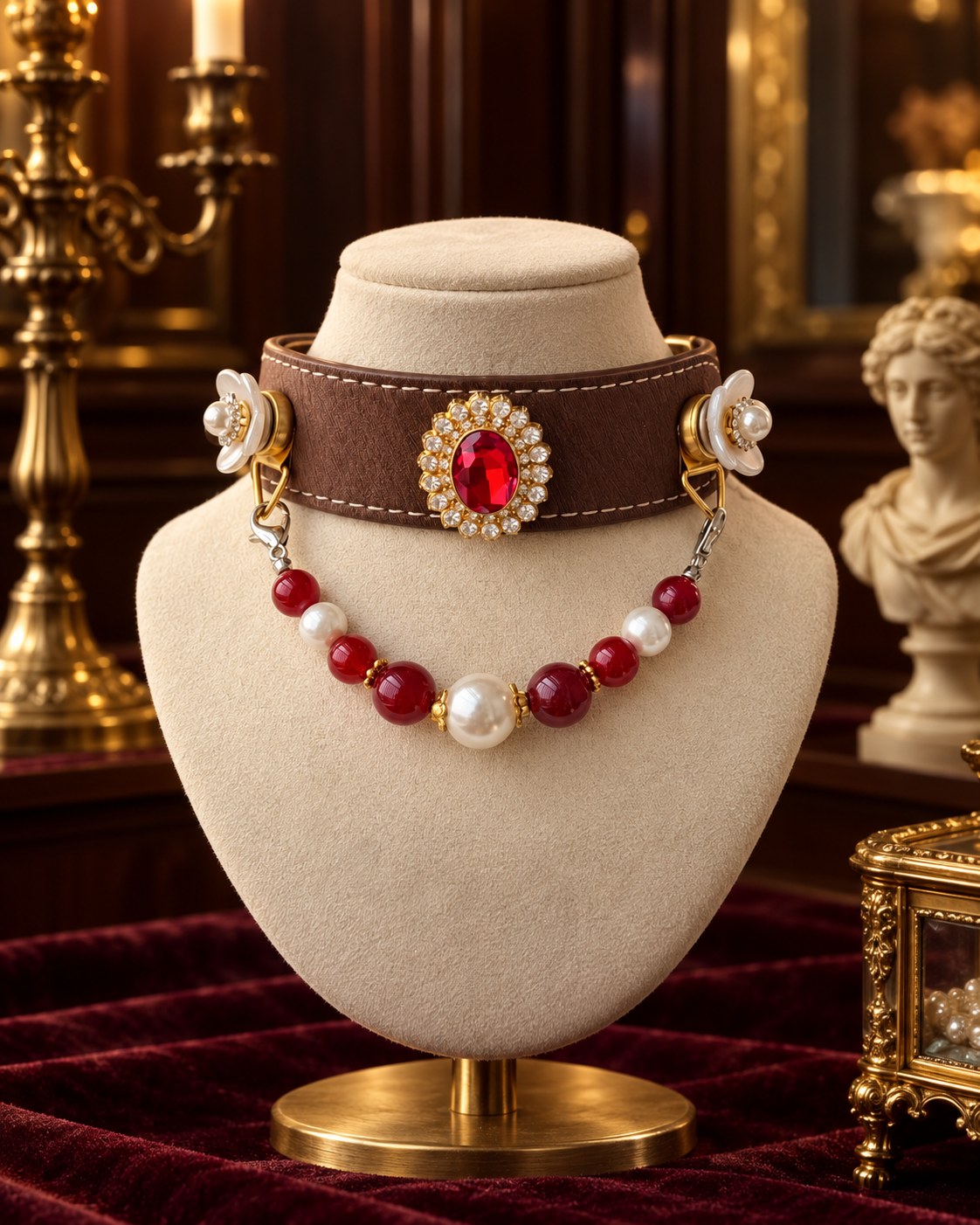 Ruby Pearl collar presented in a jewellery cabinet
