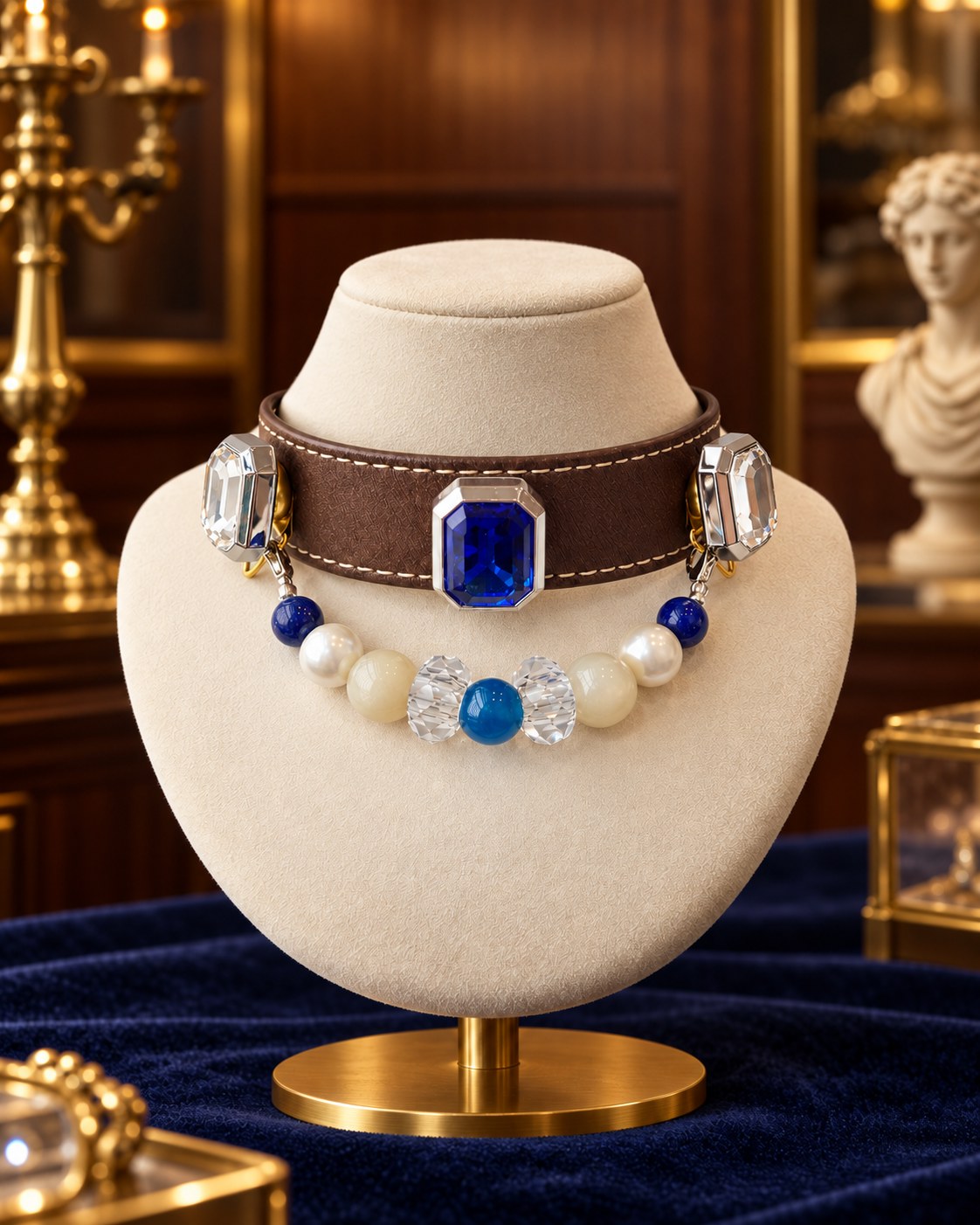 Sapphire collar presented in a jewellery cabinet