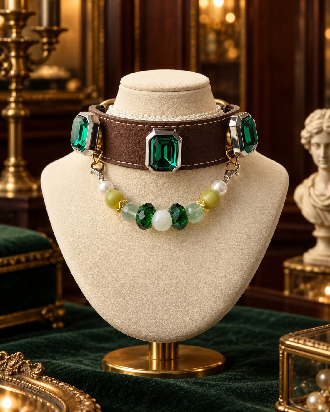 Emerald collar presented in a jewellery cabinet