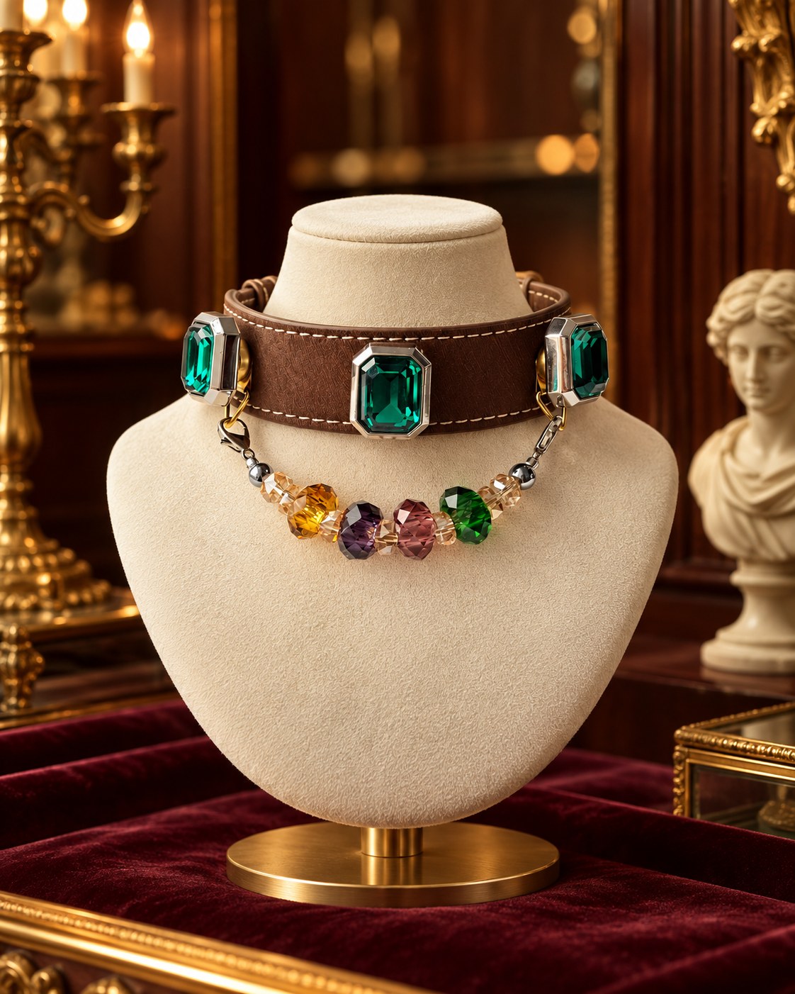 Prism Emerald collar presented in a jewellery cabinet