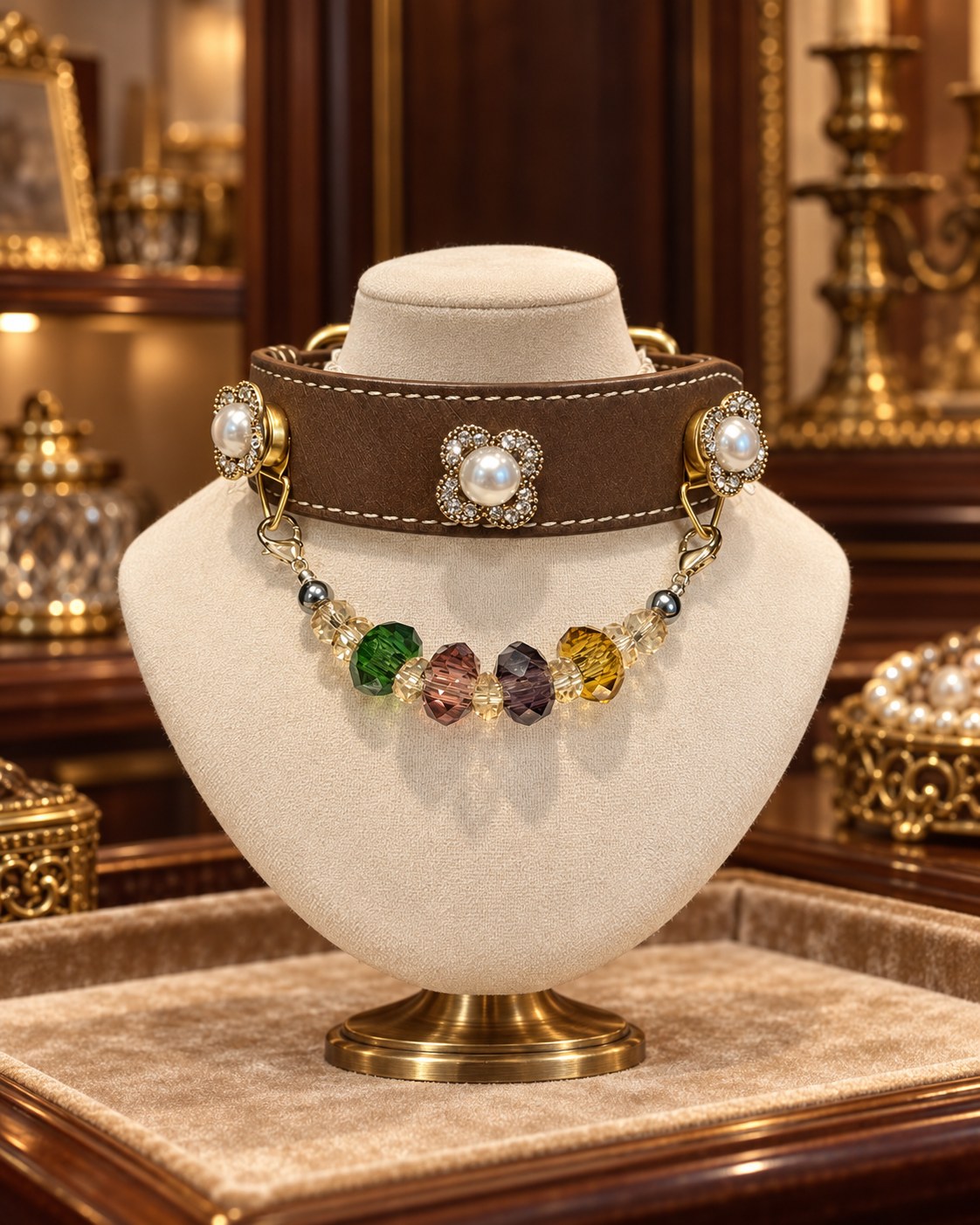 Smoky Pearl collar presented in a jewellery cabinet